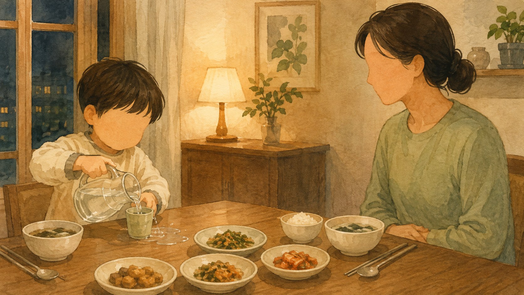 저녁 식탁에서 아이가 서툴게 물을 따르다 조금 흘리고, 어른이 손을 내밀지 않고 기다리는 일러스트