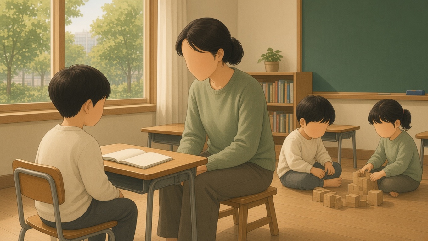 창가 의자에 앉은 아이 곁에 어른이 낮은 의자로 앉아 빈 노트를 사이에 두고 이야기를 듣는 일러스트