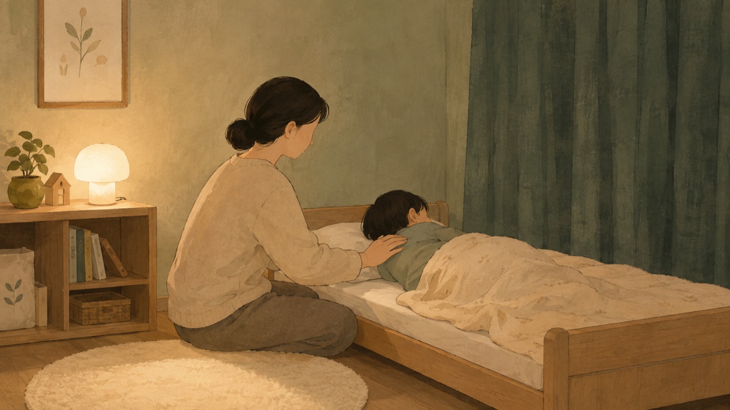 유아 침대에 누운 아이의 등을 조용히 토닥이는 보호자의 일러스트