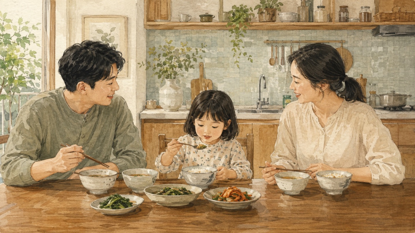밥과 반찬이 놓인 식탁에서 스스로 숟가락을 드는 아이와 부모