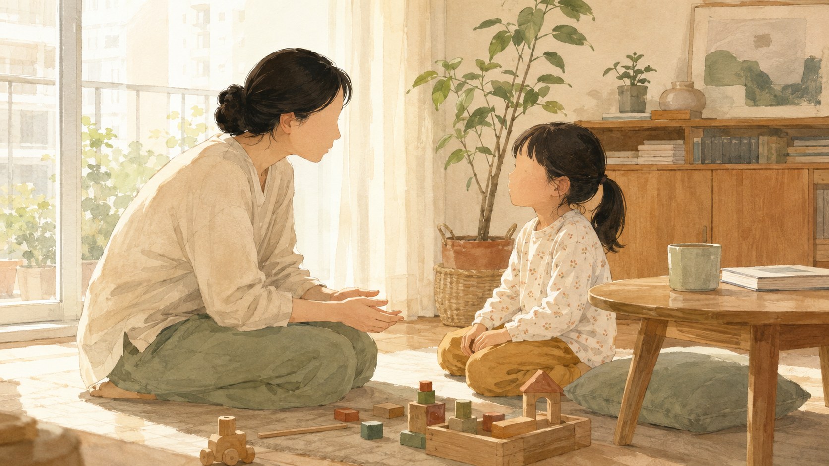 거실에서 부모가 아이 눈높이로 앉아 차분히 이야기하고, 아이가 흩어진 나무 장난감 곁에서 듣고 있는 일러스트