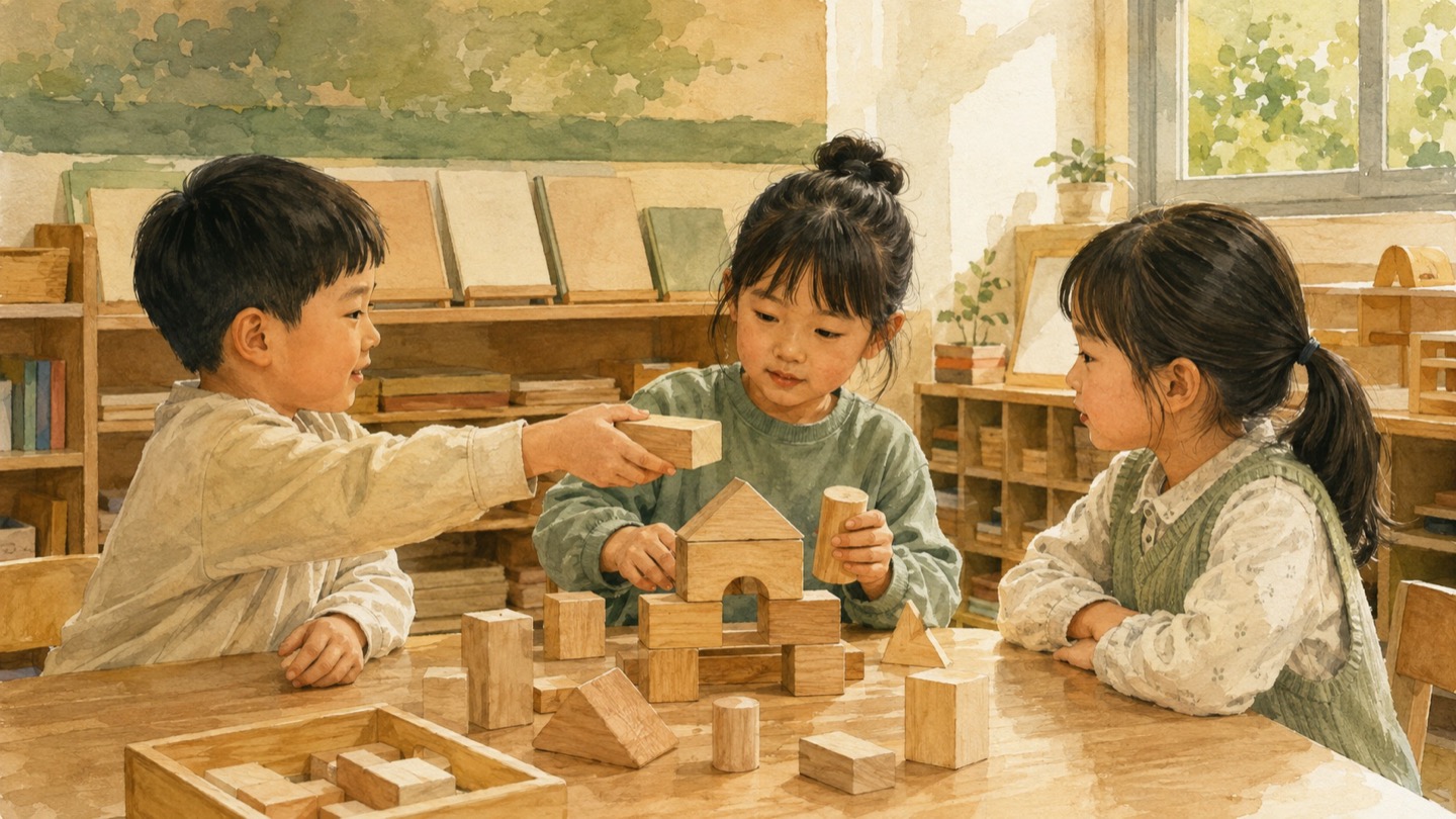 교실 탁자에서 나무 블록을 주고받으며 함께 쌓는 세 아이