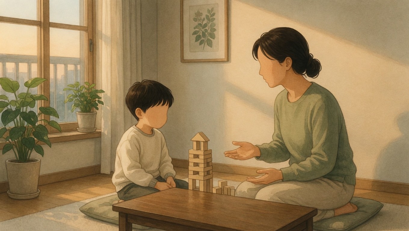 무너진 블록 곁에서 부모가 손을 펴고 아이와 눈높이로 이야기하는 일러스트
