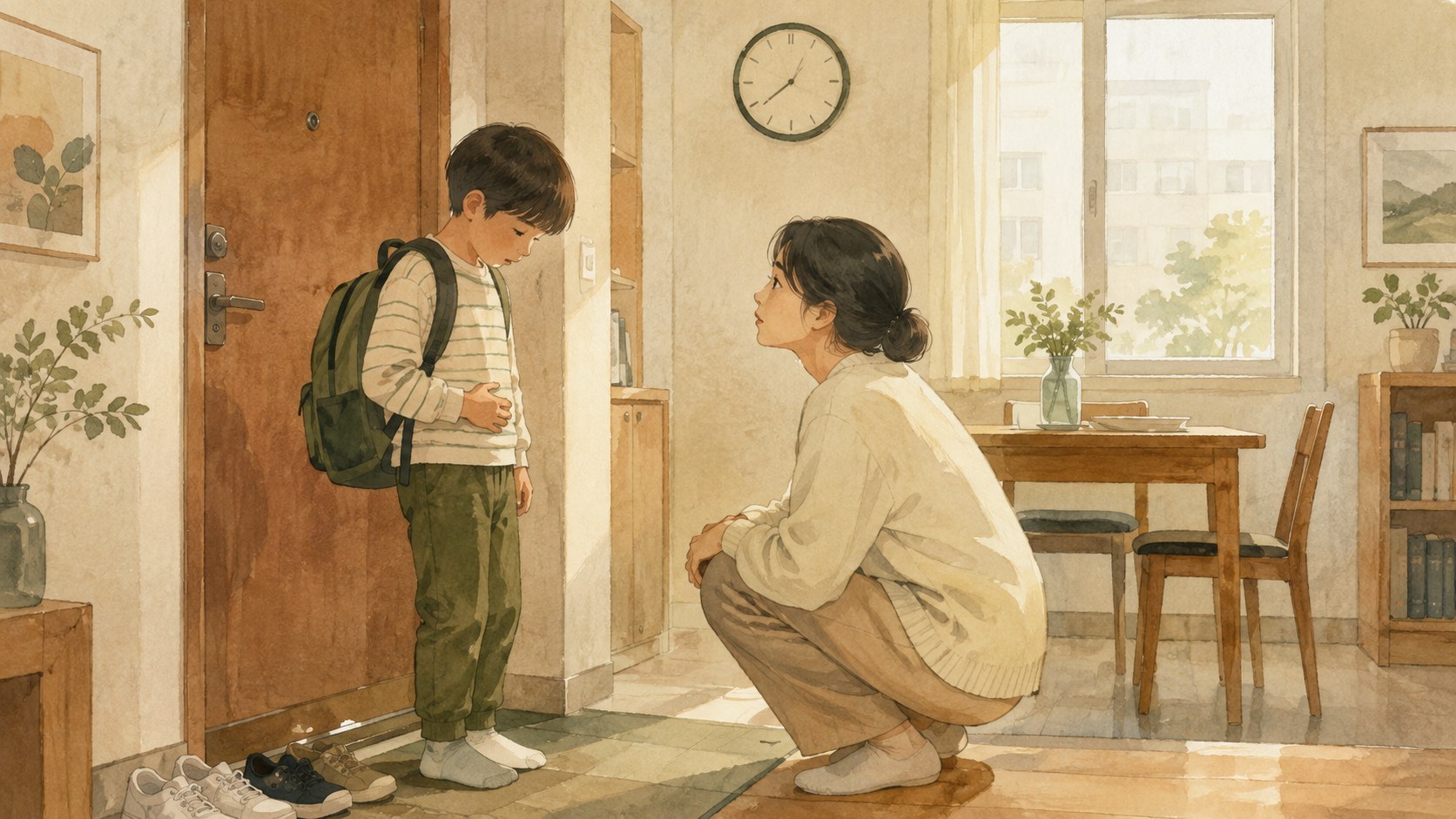 아침 현관에서 책가방을 멘 아이가 배에 손을 얹고 망설이고, 부모가 몸을 낮춰 아이의 표정을 살피는 일러스트