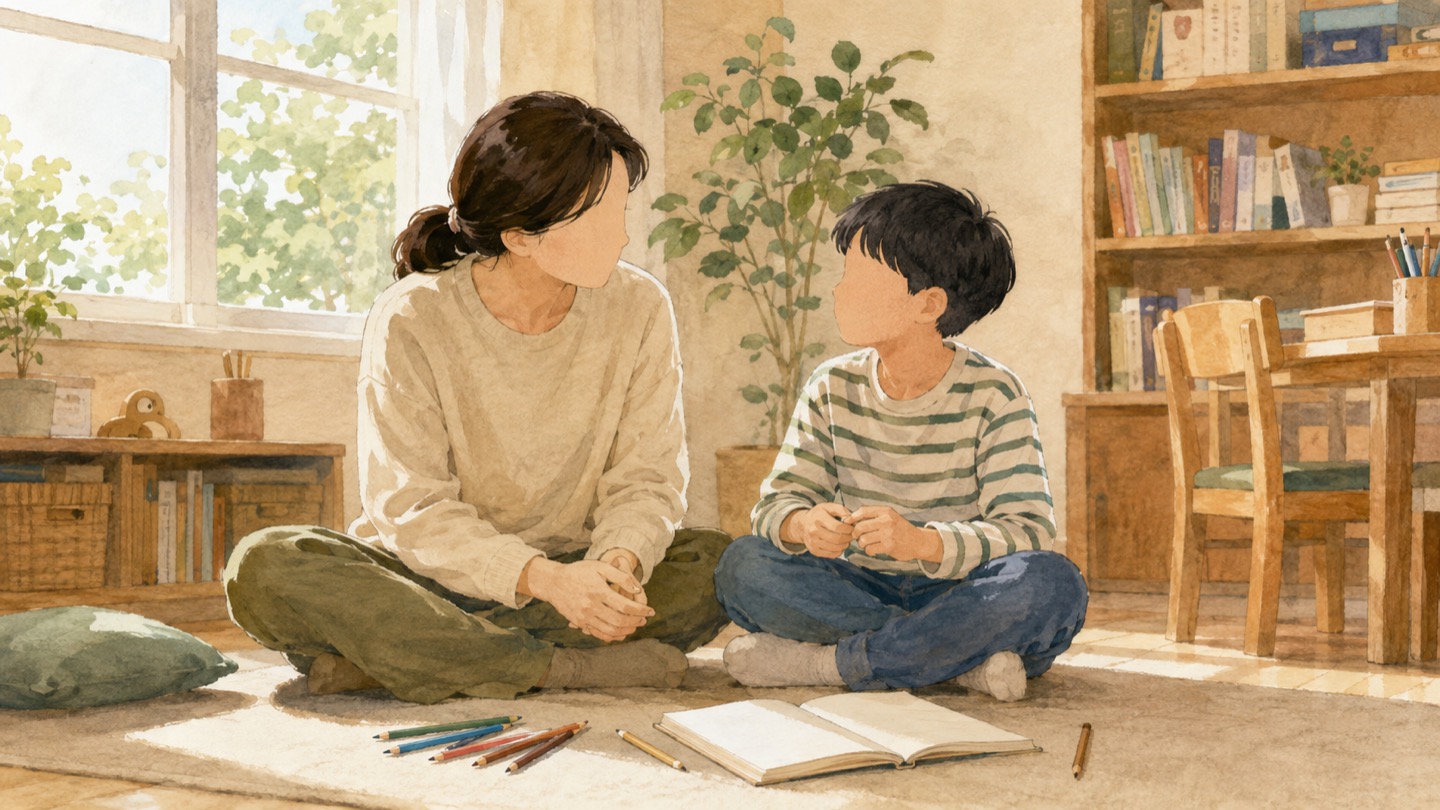 펼친 공책과 연필 곁에서 차분히 대화하는 아이와 어른의 일러스트