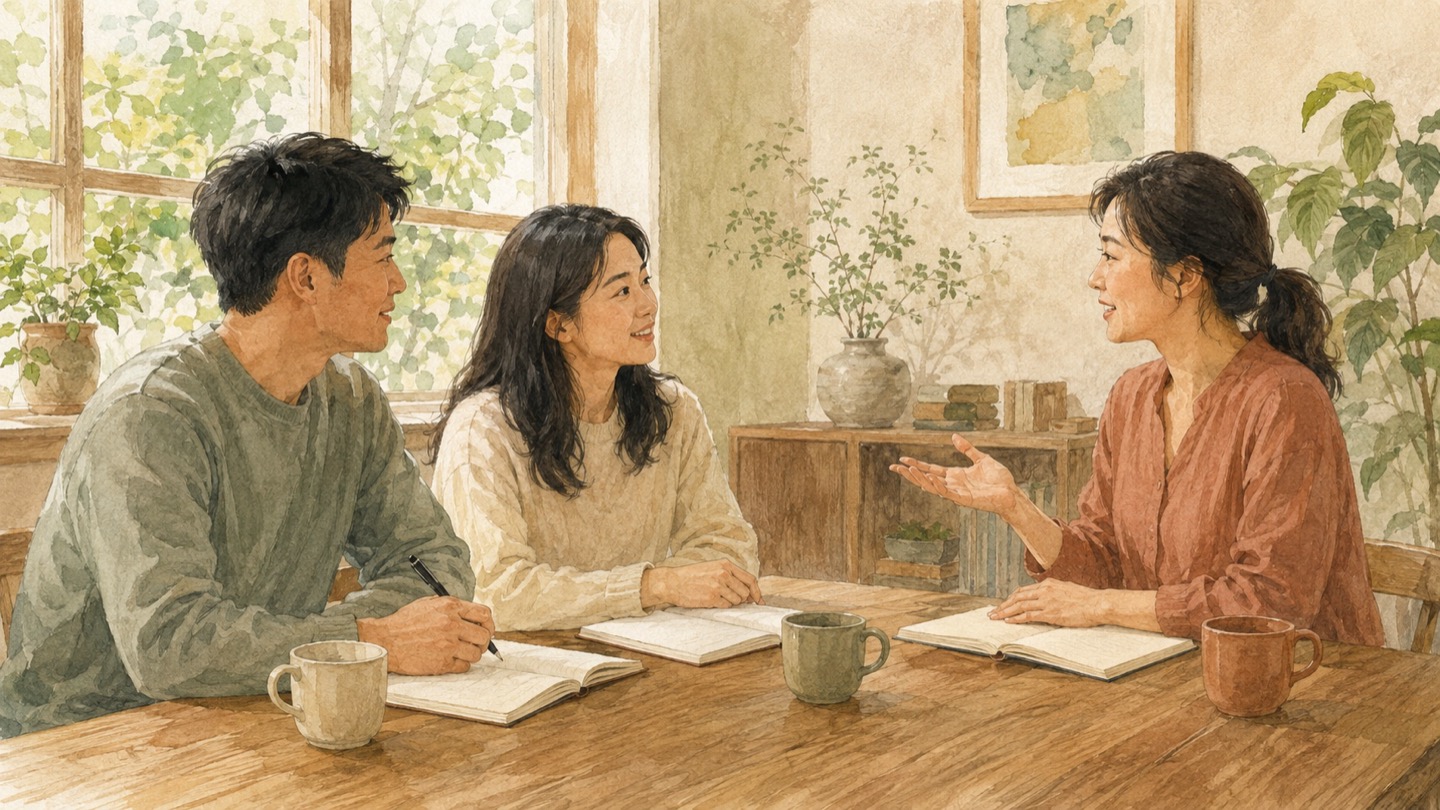 노트를 펼쳐 놓고 부모교육 대화를 나누는 세 어른